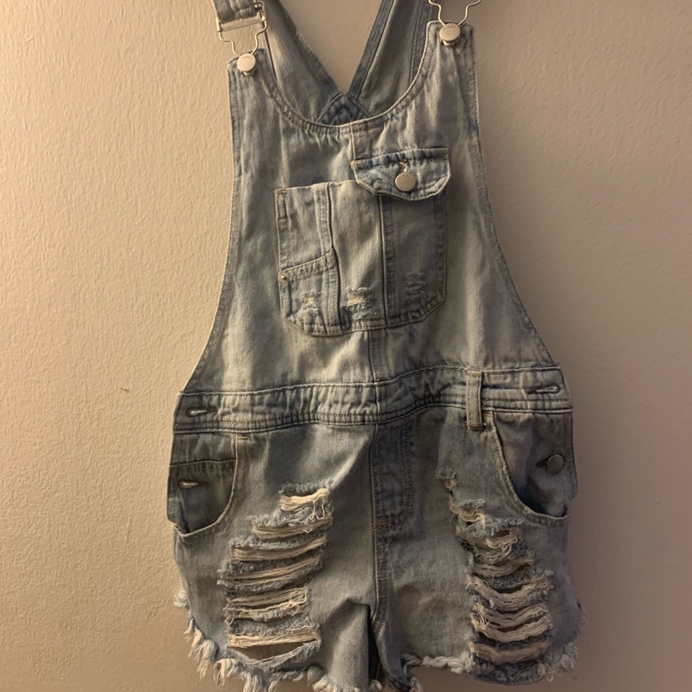 Distressed overall shorts